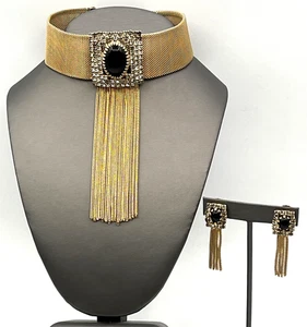 Vintage Mesh Fringe Choker Rhinestone Necklace Earrings Set Gold Tone 14" - Picture 1 of 14