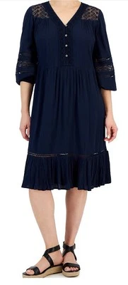 Style & Co XL Black Hippie Boho Witchy Embroidered Peasant Dress Crochet Trim - Image 1 of 4