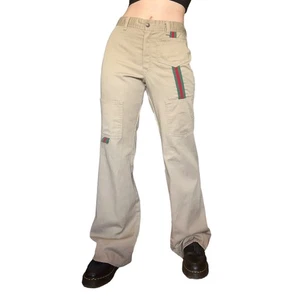 Vintage '70s Our Bottoms LTD Cargo Flare Pants Red Green Stripe High Rise 33" - Picture 1 of 7