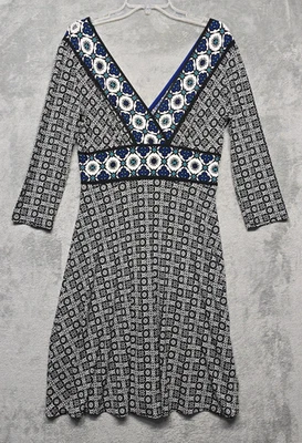 Maggy London Dress Womens Sz 10 Black White Blue Fit Flare Casual Career Stretch - Image 1 of 4