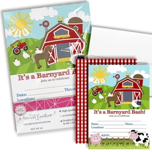 Barnyard Bash Farm and Barn Themed Birthday Party Invitations, 20 5x7 Fill In... - Picture 1 of 9