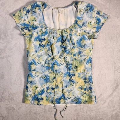 Banana Republic Top Womens XS Blue Ruffle Trim Blouse Floral Silk Tunic - Image 1 of 4