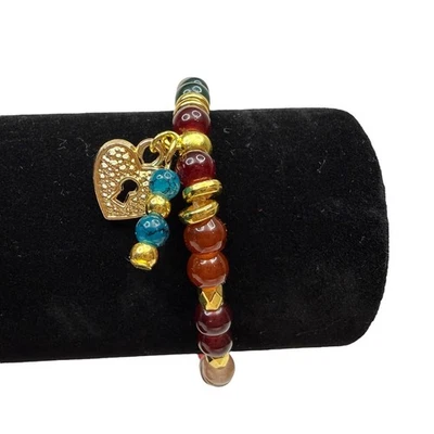Pulsera Boho Colorido Vidrio Piedras Preciosas Corazón Dije Tono Dorado Banda Elástica Muñeca 7 Foto 1 de 4