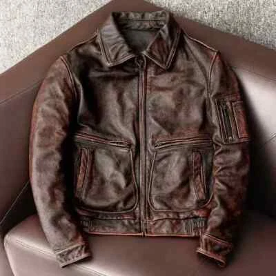 Men American Pilot Air Force Vintage Brown Black Real Leather Jacket - Image 1 of 4