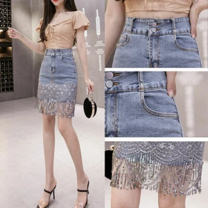 Women Slim Denim Bust Skirt High Waist Sequin Tassel Sheath Skirts Spring Summer - Picture 1 of 10