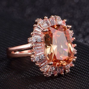 Huge Genuine Champagne Morganite Gems Rose Gold Plated Silver Ring Size 6-10 New - Picture 1 of 7