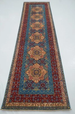 3 x 10 ft Blue Turkish Mamluk Fine quality Hand knotted Medallion Runner Rug - Image 1 of 4