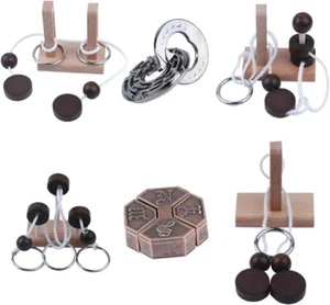 3D Wooden & Metal Unlock Interlock Brain Teasers, IQ Logic Puzzles (6Pcs) - Picture 1 of 5