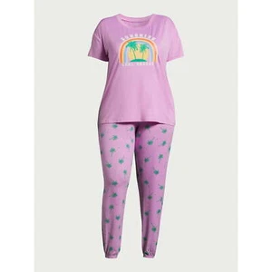 Joyspun Women's Size S Pink w Palms Short Sleeve Shirt & Jogger Pants Sleep Set - Picture 1 of 5