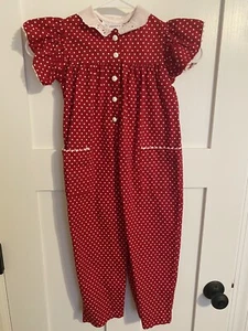 Vintage Simi Red White Polka Dot Girls Shortsleeve Romper Size 5 Pockets Collar - Picture 1 of 7
