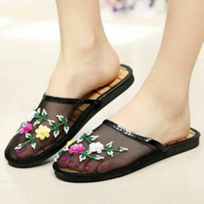 Mujeres Chinas Malla Floral Zapatillas Deslizables Planas Chanclas Mocasines Sandalia Foto 1 de 4