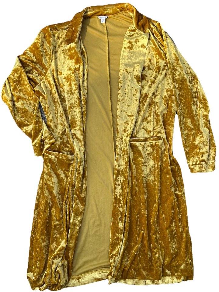 Cato 18 20 W L XL 金色闪亮金属天鹅绒毛绒波西米亚长外套长袍掸子 — 第 1/1 张图片