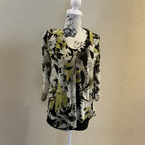 Alfani Women's Small Leaf Print Asymmetrical Top Lined Green White Black - Picture 1 of 9