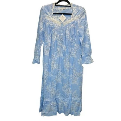 Camisón largo de algodón manga larga azul floral pequeño Eileen West nuevo Foto 1 de 4
