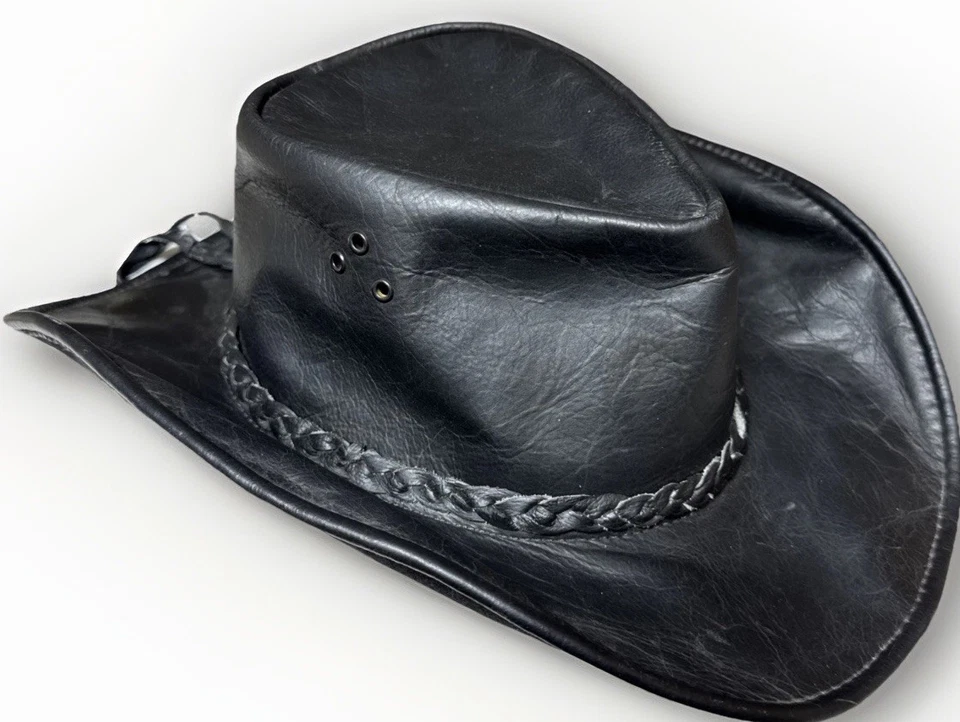 VTG Faux Leather Black Cowboy Hat Size Medium  (7 1/4) George Hengel Minnesota - Image 1 of 4