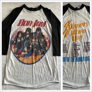 Vintage 80s T Shirt Bon Jovi XL? Slippery When Wet Tour Made In USA 3/4 Sleeve - Picture 1 of 13