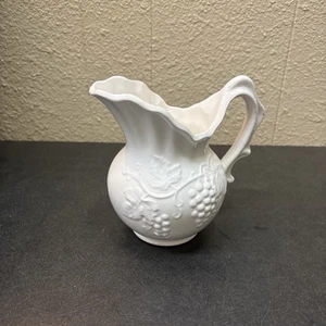 Vintage Enesco Stoneware White Pitcher with Grapes E-3209 6 Inch Tall - Picture 1 of 7