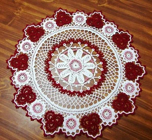 ~TAMS VALENTINE'S DAY DOILY~SHAMROCK~BURGUNDY~ ROSE~CROCHETED~21"~IRISH~LOVE~ - Picture 1 of 1