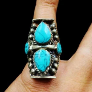 Nepalese Tibetan Handcrafted Vintage Copper Ring with Turquoise and Coral Inlay - Picture 1 of 6