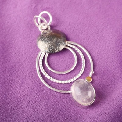 Pingente de prata esterlina 925 pedra preciosa quartzo rosa joias feitas à mão presentes de aniversário - Imagem 1 de 4