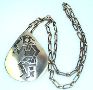 VTG HOPI RILEY POLEQUAPTEWA STERLING SILVER KACHINA LARGE PENDANT 25" NECKLACE - Foto 1 di 8