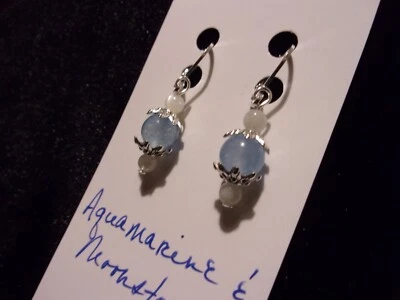 Pendientes 925 Natural Azul Aguamarina y Piedra Lunar Blanca con Palanca Foto 1 de 4