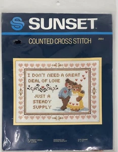 New Vintage Sunset Counted Cross Stitch Kit 2664 A GREAT DEAL OF LOVE Bears 1981 - Picture 1 of 2