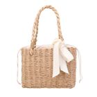 Beach Handmade Woven Portable Tote Bag Fashion Rattan Silk Ribbon Basket Handbag