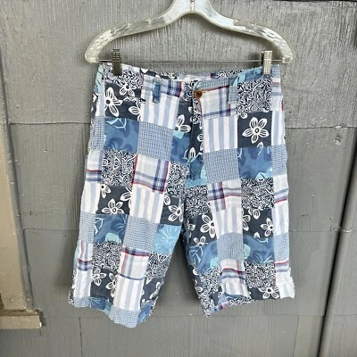 Shorts Plugg Longo Masculino 30 Cintura Vermelho Azul Branco Floral Patchwork Madras Algodão - Imagem 1 de 4