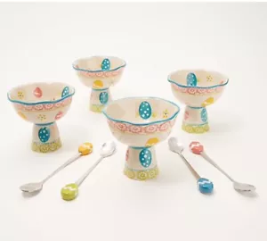 Cute Easter EGG HUNT Set Of (4) 8 oz pedestal PARFAIT CUPS w/Spoons Temptations - Picture 1 of 24