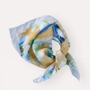 $120 Poetry Printed Scarf 100% Pure Silk Cornflower Tan Lightweight Accessory - Picture 1 of 3