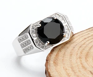 935 Silver With Black Geometric Simulated 1.15 CT Deep Onyx & Sapphire Fine Ring - Picture 1 of 7