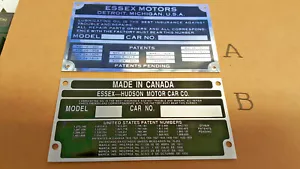 Essex Hudson Data Plate 2 Different Styles 2 Choose From Made of Etched Aluminum - Bild 1 von 3