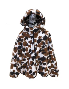 UGG OLYMPIA CHESTNUT COW PRINT SHERPA HOODIE FAUX FUR JACKET COAT Sz XXS/XS - Picture 1 of 8