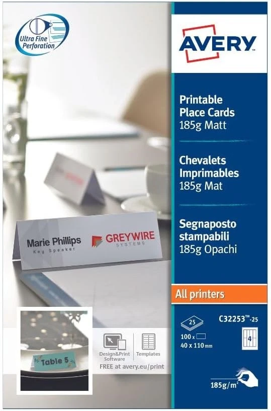 Avery Printable Place Cards Packed 25 C32253-25