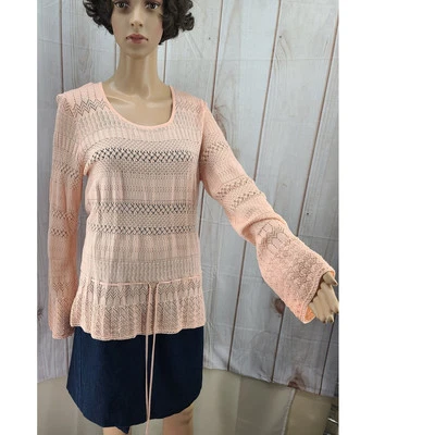 NUEVO CON ETIQUETAS Blusa Ann Taylor Mujer XL Rosa Tejida Corbata Cintura Mangas Largas Acampanadas Mezcla Seda Foto 1 de 4