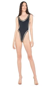 NORMA KAMALI Costume da bagno donna nero e argento con borchie Marissa pezzo unico M - Foto 1 di 9