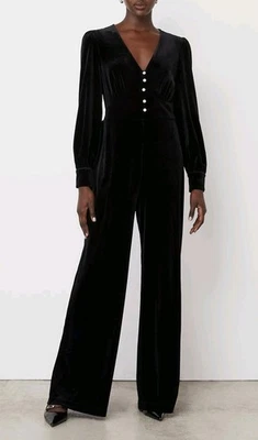 Finery Posie длинным рукавом широкие ноги v-образным вырезом бархата комбинезон, черный, Великобритании 10 - Изображение 1 из 4