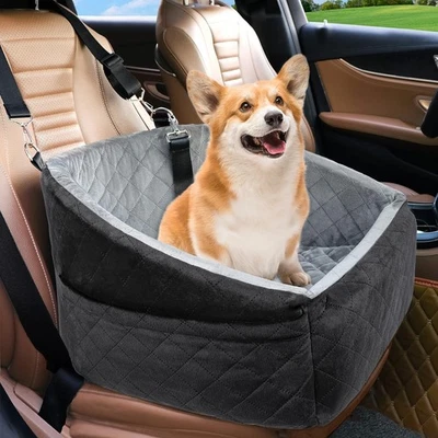 Asiento de coche para perros pequeños de hasta 30 libras, cama elevadora con cinturón de almacenamiento y seguridad Foto 1 de 4