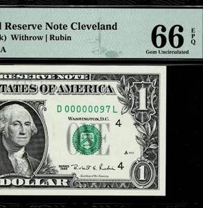 SUPER LOW SERIAL D00000097L - 1995 $1 FR NOTE - CLEVELAND PMG GEM UNC 66 EPQ - Picture 1 of 2