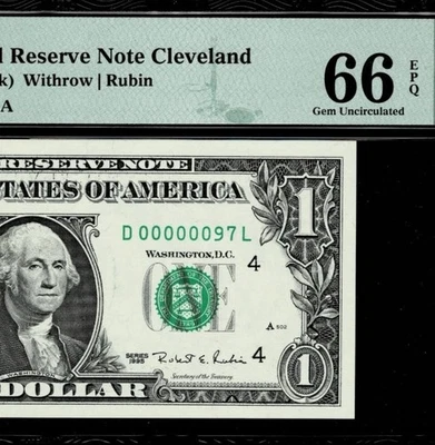 SUPER LOW SERIAL D00000097L - 1995 $1 FR NOTE - CLEVELAND PMG GEM UNC 66 EPQ - Image 1 of 2