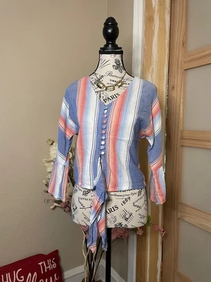 Blusa recortada loca para niña mangas acampanadas a rayas botón/corbata frontal talla M Foto 1 de 4