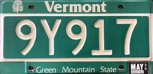 Placa de matrícula "5 números" de Vermont 1996 ~ etiqueta estatal Green Mountain "9Y917" de colección - Imagen 1 de 9