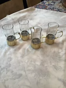 Irish Coffee Cups 1980s Le Coffee Cointreau 4 Glass Metal Mugs Barware Chic Gold - Picture 1 of 7