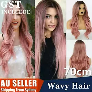 Women Long Wig Color Pink hair Ombre Rose Hair Taro Hairstyle Black Wavy hair AU - Picture 1 of 12