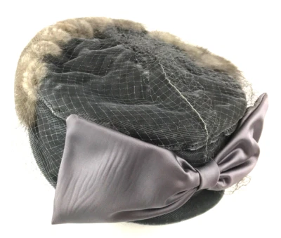 Vintage Womens Pillbox Hat Gray Lavender Lilac Purple Bow Veil Fur 1940s - Image 1 of 4