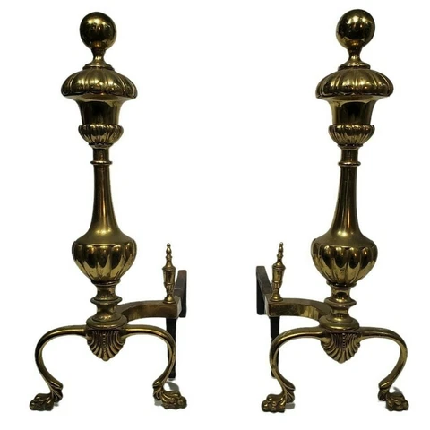 Large Fireplace Brass Andirons 21" Tall Federal Style 1940's Fire Dogs Gold Tone Cover