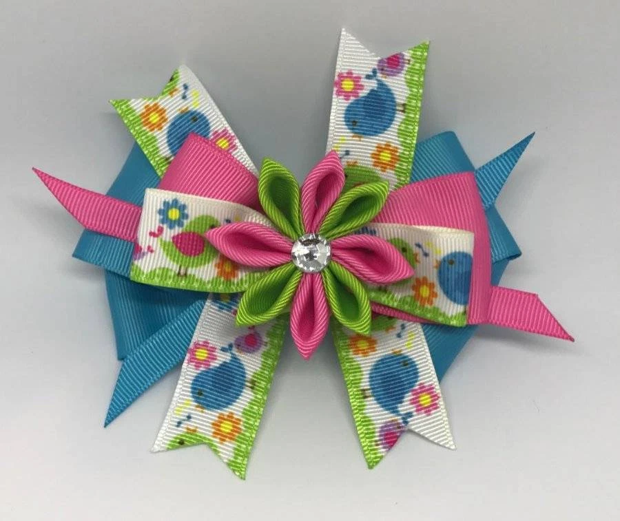 Pink Green Turquoise Birds Kanzashi Flower Jeweled Layered Hair Bow 4 1/2" - Image 1 of 1