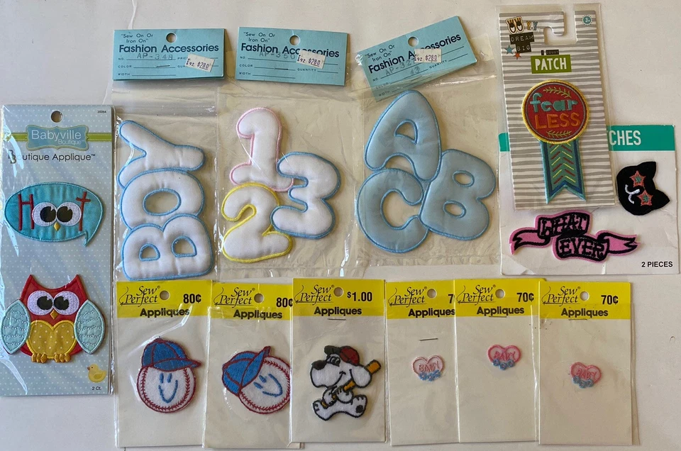 Lot 14 Vtg Iron Sew On Applique Patches: Baby Kid ABC 123 Boy Baseball Owl Cat + - Image 1 of 4