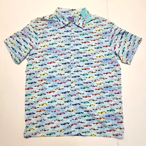 New $125 Michaels Casual Sport SS SHIRT Men's MEDIUM M Blue Corvette AOP STRETCH - Picture 1 of 6